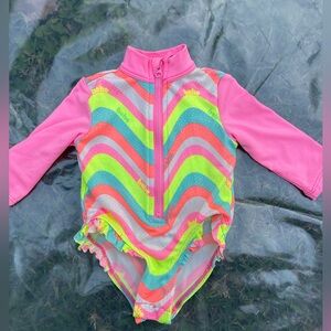 Bebe Baby Girl Long Sleeve Rash Guard Swimsuit | 3-6M | Neon Chevron Print